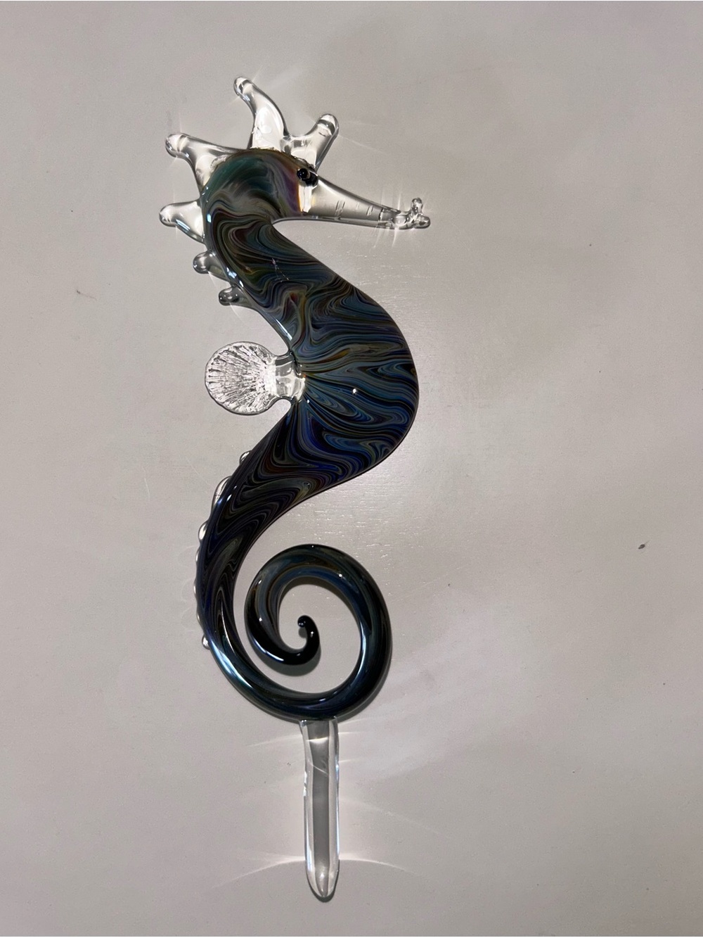 Murano Style Hand Blown Art Glass Seahorse Figurine Green Swirl 8” Coastal Decor